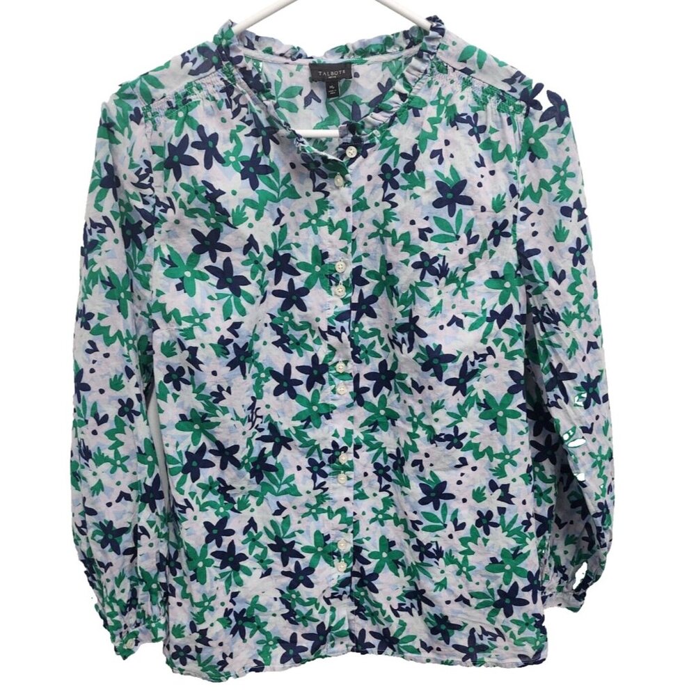 Talbots Womens Blouse Top Medium Petite Green Floral Ruffle Neck Long Sleeve